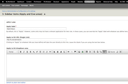 Screenshot of customizing the apply links