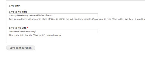 Screen shot of customize options for Give to KU